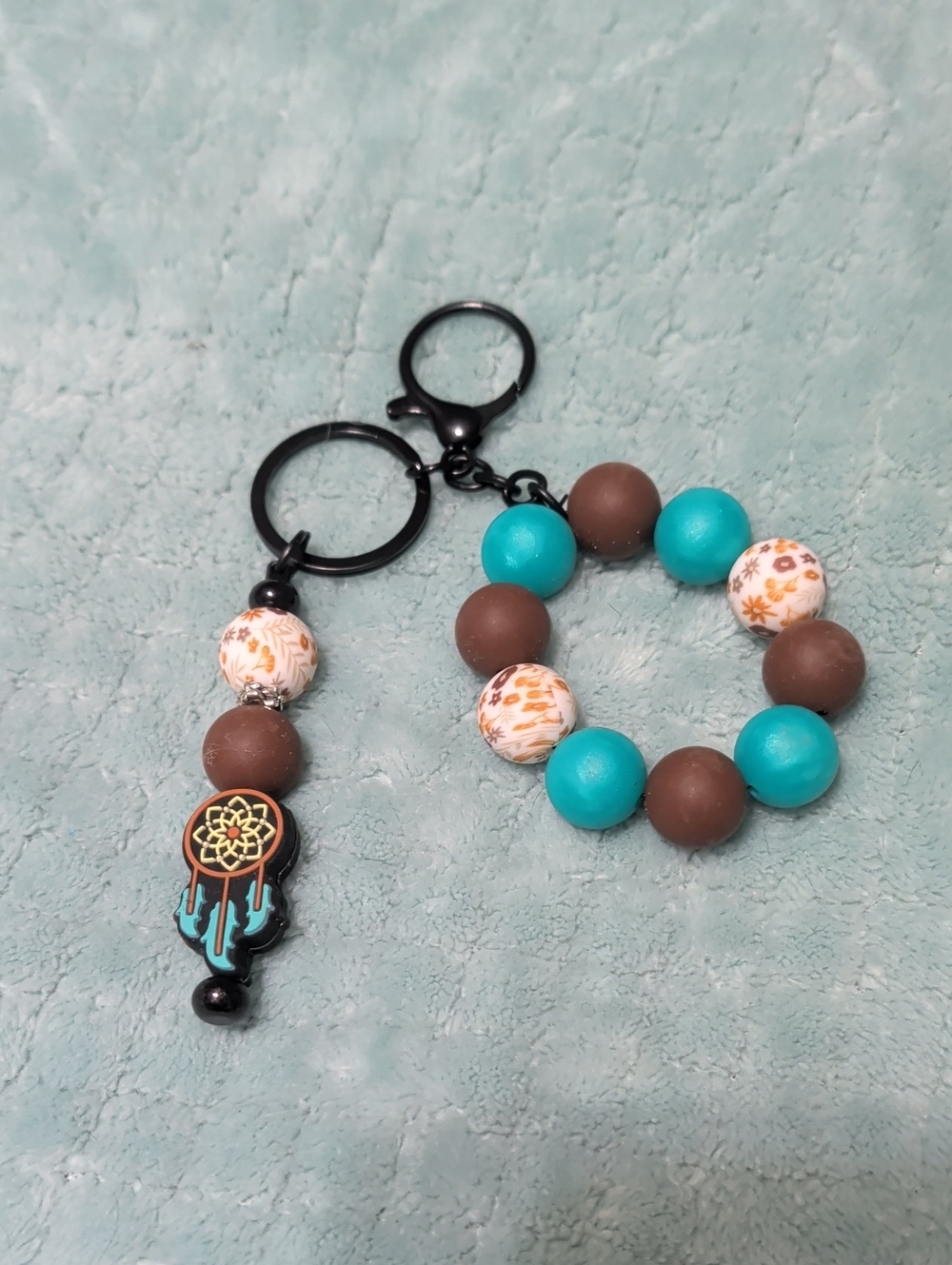 Handmade Turquoise & Brown Beaded Keychain with Dreamcatcher Charm